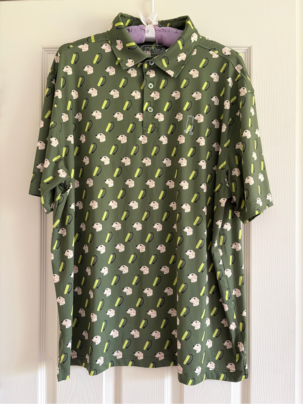 Dive Bomb Industries Olive Green Short-Sleeve Polo with Dog Print Men Size XL